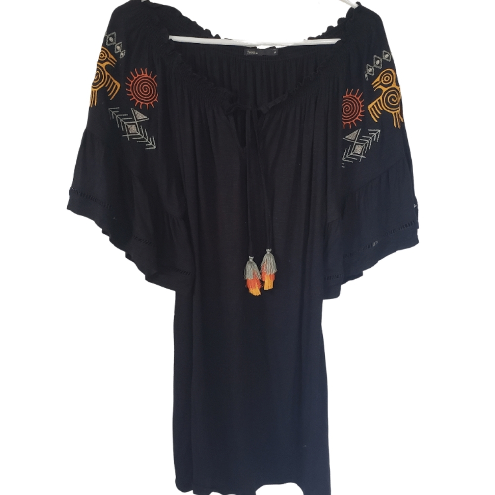 Boho Embroidered Top Tunic Brazil Flutter Sleeve Black M festival peasant flowy